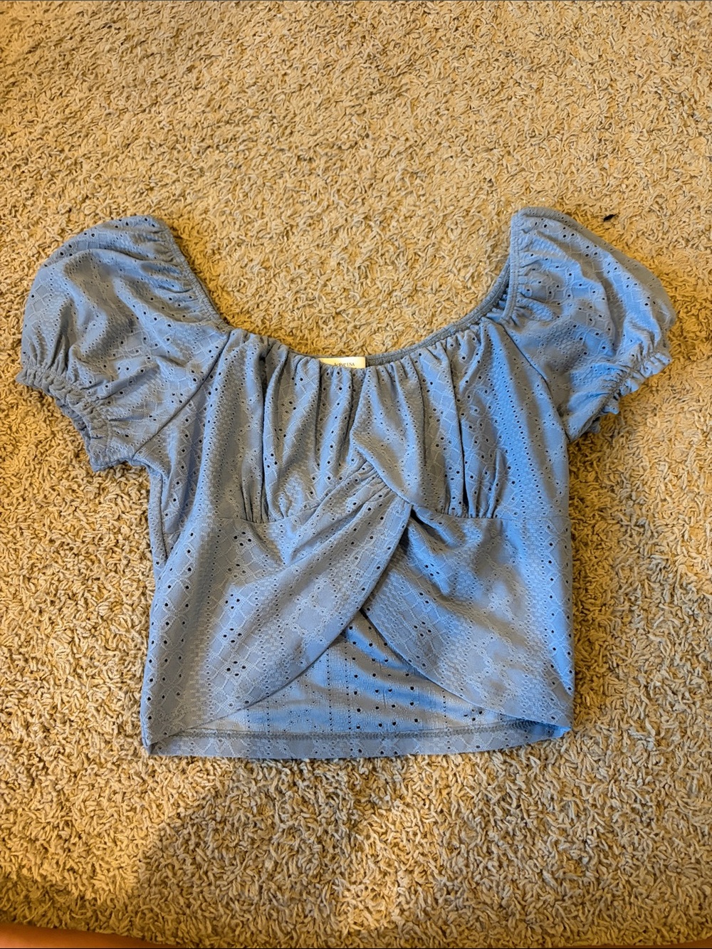 Active USA Sky Blue Eyelet Puff Sleeve Crop Top